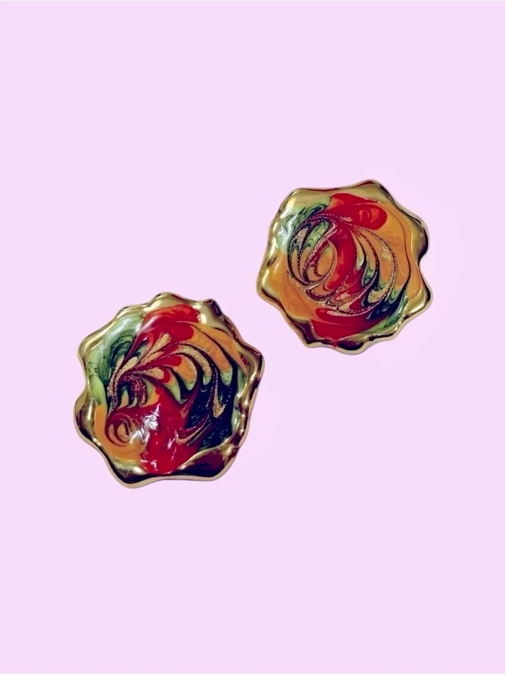 VTG Multicolor Enamel Stud Earrings Gold Tone Abstract Swirl Statement Earrings